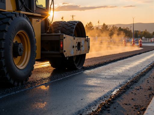 高速公路路基施工现场，铺设土工格栅进行路基加固