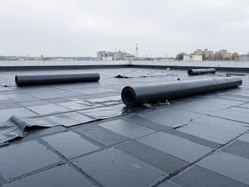 垃圾填埋场施工现场，大面积铺设复合土工膜进行防渗处理