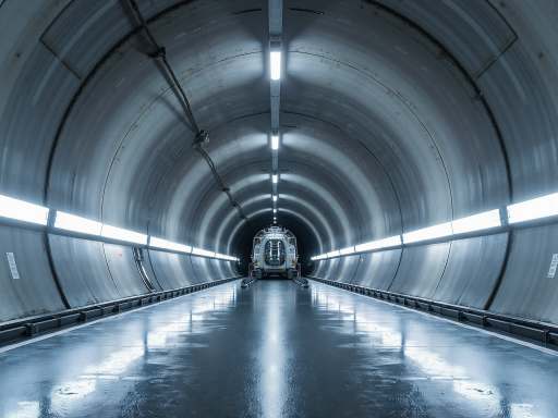 隧道施工现场，内部铺设防水材料，展示隧道防水工程