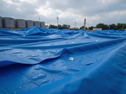 大型水库施工现场，工人正在铺设土工膜，展示防渗工程作业